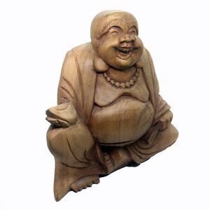 Happy/Laughing-Sitting-Hand Carved Wood Buddha
